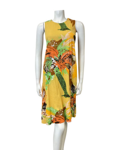 VINTAGE 70s YELLOW ORANGE GREEN PALM LEAF TROPICAL SLEEVELESS FLARED DRESS 8 10