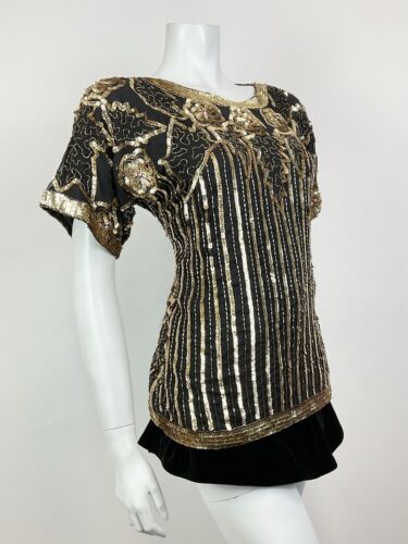 VTG 70s 80s BLACK GOLD FLORAL LEAF STRIPED SEQUIN BEADED DECO BLOUSE TOP 12 14