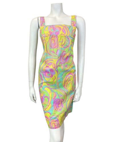 VTG 60s STYLE 90s GREEN YELLOW PINK PSYCHEDELIC SWIRL MOD EMPIRE SUN DRESS 6