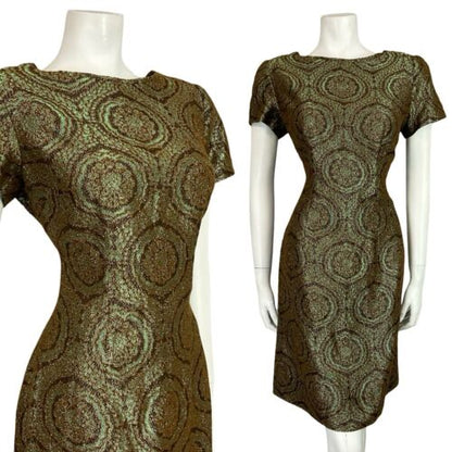 VTG 60S GREEN COPPER BROWN IRIDESCENT BROCADE PLUNGING BACK PARTY MINI DRESS 10