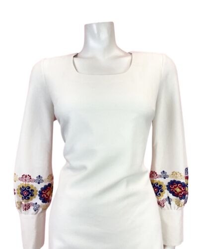 VINTAGE 60s 70s WHITE RED BLUE YELLOW EMBROIDERED MOD BISHOP SLEEVE DRESS 12 14