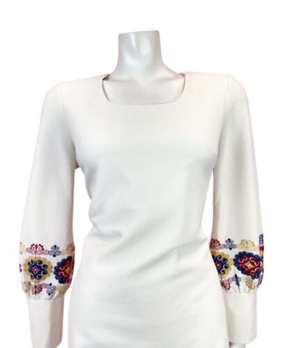 VINTAGE 60s 70s WHITE RED BLUE YELLOW EMBROIDERED MOD BISHOP SLEEVE DRESS 12 14