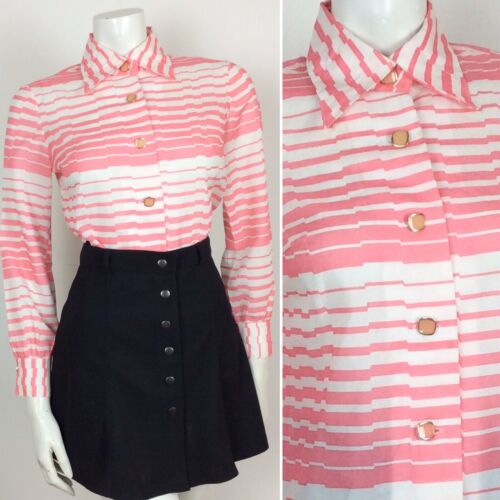 70s VTG PINK WHITE DAGGER COLLAR STRIPE PRINT SHIRT BLOUSE 12