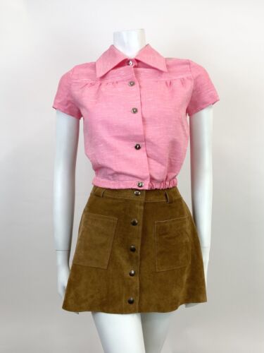 VINTAGE 60s 70s BABY PINK WHITE MOD DAGGER COLLAR CROPPED SHIRT TOP 8 10