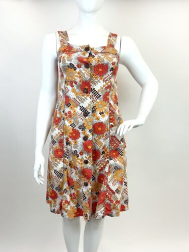 VTG 60s 70s WHITE ORANGE BROWN FLORAL DOTTY PSYCHEDELIC PINAFORE APRON DRESS 14