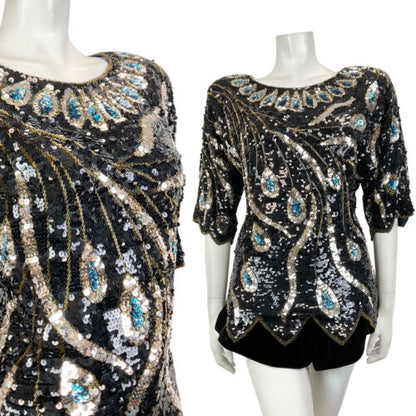 VTG 70s 80s BLACK SILVER BLUE PEACOCK FEATHER SEQUIN DISCO STUDIO 54 TOP 12 14