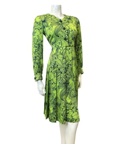 VINTAGE 60s 90s LIME GREEN BLUE PSYCHEDELIC LEAFY FLORAL LONG SLEEVE DRESS 8 10