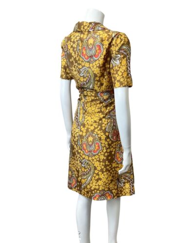 VINTAGE 60s 70s BROWN YELLOW ORANGE FLORAL PAISLEY DAGGER SHIRT DRESS 12 14
