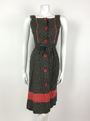 VTG 70s BLACK RED WHITE FLORAL DITSY FOLK PRAIRIE BOHO APRON PINAFORE DRESS 8