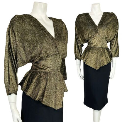 VTG 70S GOLD BLACK LUREX PLUNGING NECKLINE BATWING PEPLUM PARTY DISCO DRESS 10