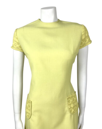 VINTAGE 60s 70s LEMON LIME YELLOW CROCHETED SUMMER DRESS 16 18