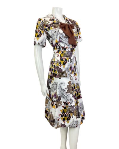 VTG 60s 70s WHITE BROWN YELLOW GEOMETRIC DOTTY FLORAL MOD WING SHIRT DRESS 16