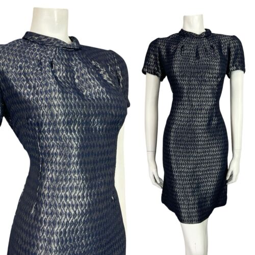 VTG 60S NAVY BLUE STEEL GREY SHINY DIAMOND GEOMETRIC MOD PARTY MINI DRESS 12