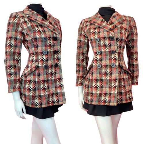 VTG 70s STYLE RED WHITE BROWN GEOMETRIC CHECKED MOD DOUBLE-BREASTED JACKET 10