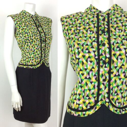 VTG 60S BLACK GREEN PINK YELLOW GEOMETRIC MOD DRESS 12