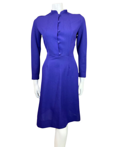 VINTAGE 60s 70s ROYAL PURPLE MANDARIN COLLAR SWING DRESS 8