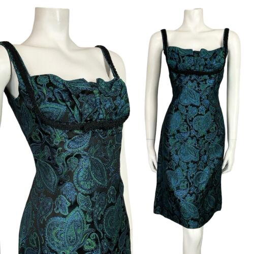 VTG 60S BLACK BLUE GREEN METALLIC PAISLEY FLORAL EMPIRE STRAPPY PARTY DRESS 8 10