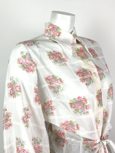 VTG 60s 70s WHITE FLORAL CHECKED DAGGER COLLAR FOLK PUFF SLEEVE SHIRT 12 14