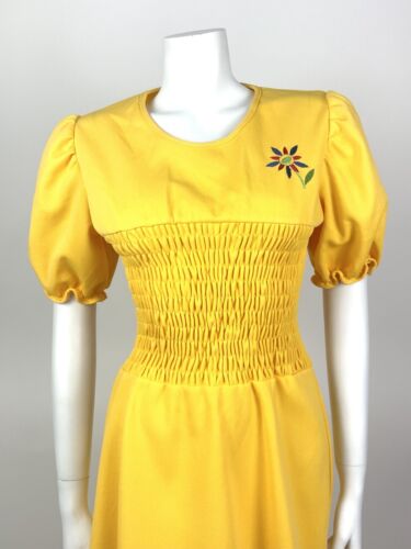 VTG 60s 70s SUMMER YELLOW EMBROIDERED FLOWER SHIRRED PUFF SLEEVE MOD DRESS 8 10