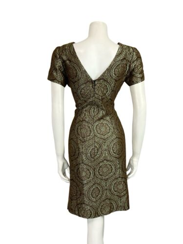 VTG 60S GREEN COPPER BROWN IRIDESCENT BROCADE PLUNGING BACK PARTY MINI DRESS 10