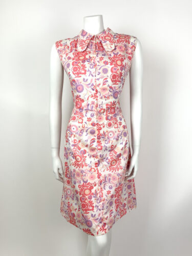 VTG 60s 70s WHITE PINK PURPLE PSYCHEDELIC FLORAL SPOON COLLAR SHIRT DRESS 12 14