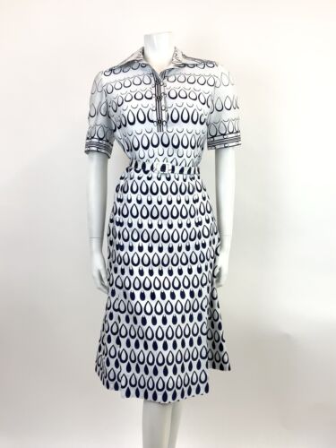 VTG 60s 70s WHITE NAVY BLUE TEARDROP MOD BELTED DAGGER COLLAR SHIRT DRESS 8 10