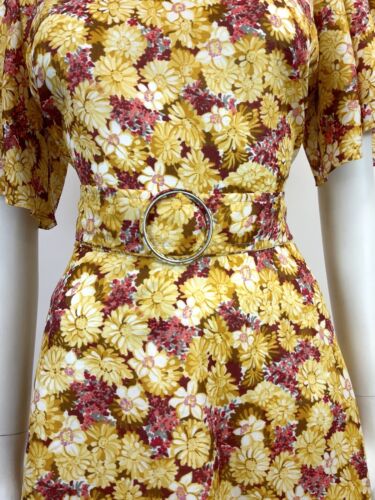 VTG 60s 70s YELLOW RED BROWN FLORAL PSYCHEDELIC BELL SLEEVE SWING DRESS 10 12