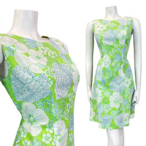 VINTAGE 60s 70s APPLE GREEN WHITE BLUE FLORAL LEAFY MOD SLEEVELESS DRESS 10 12