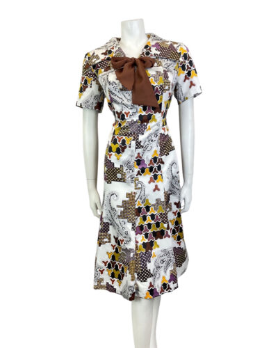 VTG 60s 70s WHITE BROWN YELLOW GEOMETRIC DOTTY FLORAL MOD WING SHIRT DRESS 16