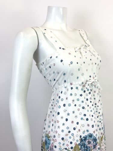 VTG 60s 70s WHITE BLUE PINK GOLD FLORAL DITSY EMPIRE LINE STRAPPY SUN DRESS 8