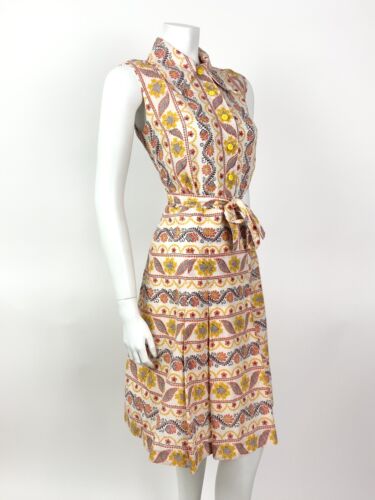 VTG 60s 70s WHITE ORANGE BROWN YELLOW STRIPED FLORAL DAGGER SHIRT DRESS 10 12