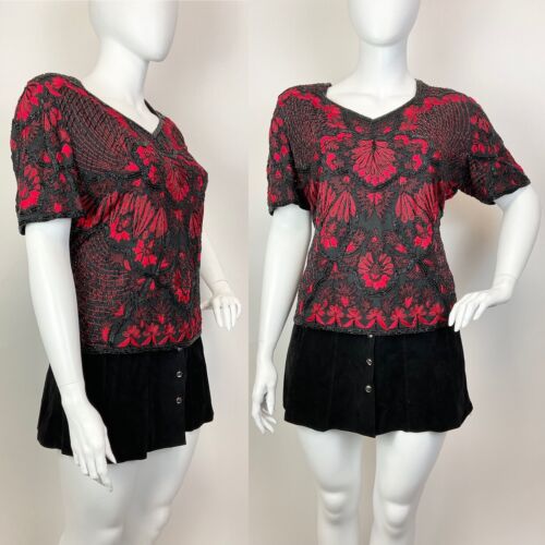 VTG 70s 80s BLACK RED FLORAL EMBROIDERED BEADED SEQUIN PARTY BLOUSE TOP 24 26