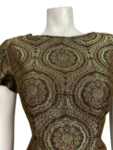 VTG 60S GREEN COPPER BROWN IRIDESCENT BROCADE PLUNGING BACK PARTY MINI DRESS 10