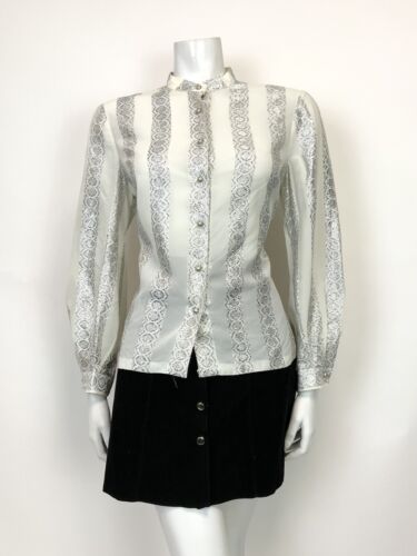 VTG 60s 70s WHITE METALLIC SILVER EMBROIDERED STRIPED MOD DISCO BLOUSE TOP 14