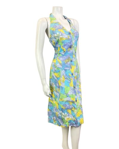 VINTAGE 60s 70s BLUE GREEN YELLOW PSYCHEDELIC HALTER SWING DRESS 12 14