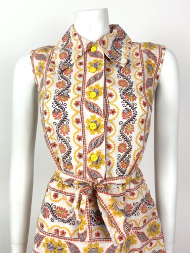 VTG 60s 70s WHITE ORANGE BROWN YELLOW STRIPED FLORAL DAGGER SHIRT DRESS 10 12