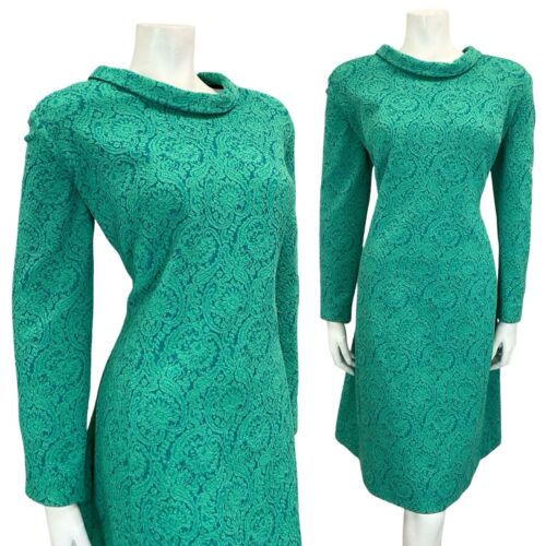 VTG 60S TEAL BLUE GREEN SPARKLY PAISLEY ROUNDED COLLAR PARTY MIDI DRESS 16