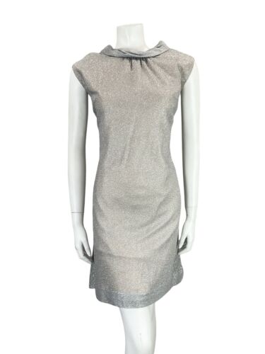 VTG 60S MOD PARTY SILVER LUREX FUNNEL NECK SLEEVELESS SHIFT DRESS 12 14