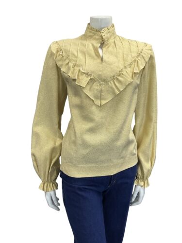 VTG 70S LIGHT GOLD SPARKLING RUFFLE BIB COLLAR BALLOON SLEEVE PARTY BLOUSE 12 14