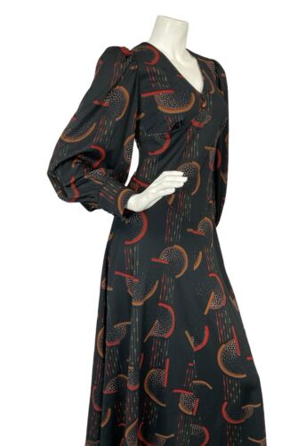 VTG 70S BLACK RED BROWN GEOMTRIC ROMNTIC BISHOP SLEEVE BASQUE WAIST MAXI DRESS 8