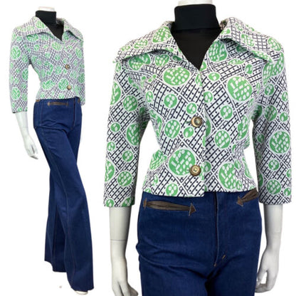 VINTAGE 60s 70s BLUE GREEN WHITE CHECKED SPOTTED MOD CROPPED JACKET 12 14