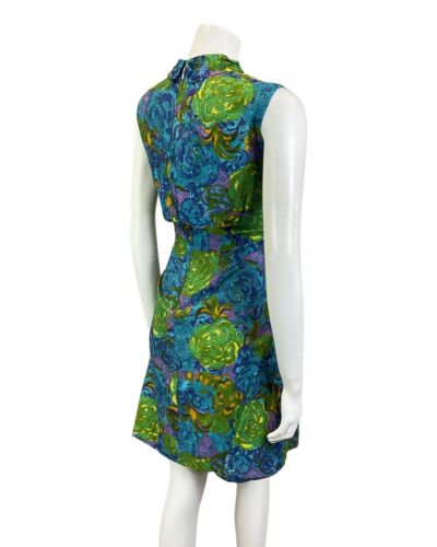 VINTAGE 60s 70s BLUE GREEN YELLOW FLORAL ROSE PSYCHEDELIC SLEEVELESS DRESS 14 16