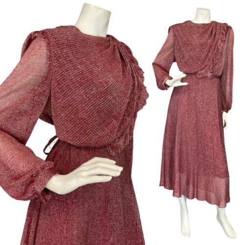 VTG 70S BURGUNDY LUREX LONG SLEEVE BLOUSON TIE WAIST PARTY DRESS 10 12