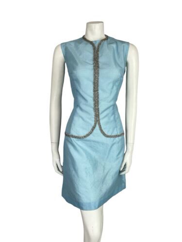 VTG 60S LIGHT BLUE SILVER BEADED TRIM MOD GOGO PARTY SLEEVELESS MINI DRESS 12