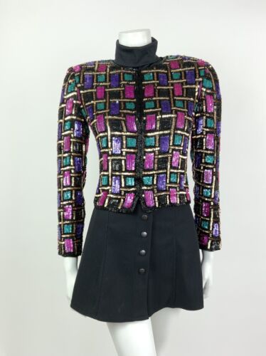 VTG 70s 80S BLACK PURPLE PINK GOLD TEAL GEOMETRIC SEQUIN TROPHY JACKET 8 10