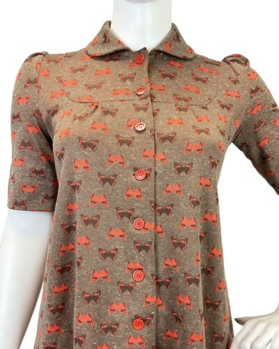 VINTAGE 60s 70s BROWN ORANGE BUTTERFLY PETER PAN COLLAR MOD TENT SWING DRESS 16