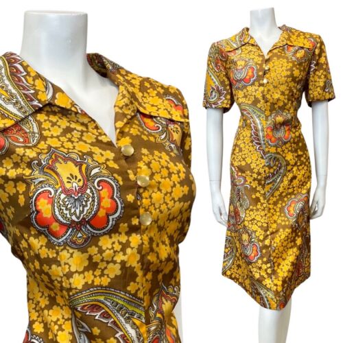 VINTAGE 60s 70s BROWN YELLOW ORANGE FLORAL PAISLEY DAGGER SHIRT DRESS 12 14
