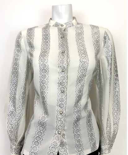 VTG 60s 70s WHITE METALLIC SILVER EMBROIDERED STRIPED MOD DISCO BLOUSE TOP 14