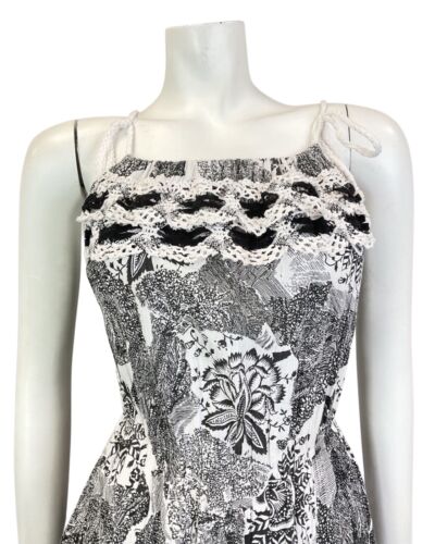 VTG 70s WHITE BLACK FLORAL CROCHETED BOHO FOLK PRAIRIE TIERED SUMMER DRESS 8 10