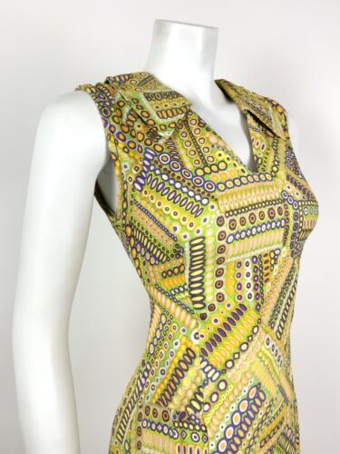 VTG 60s 70s YELLOW GREEN PURPLE PSYCHEDELIC GEOMETRIC SHIRT COLLAR DRESS 10